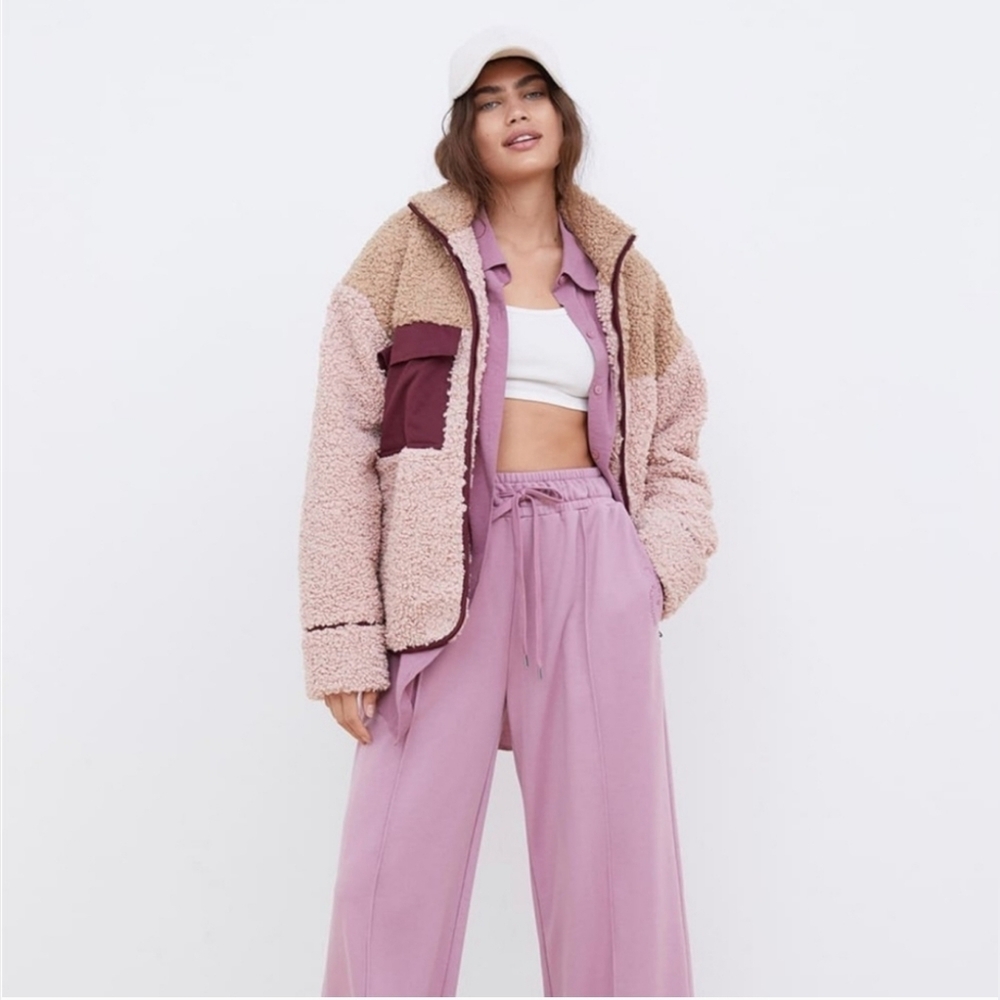 ForLove And Lemons Patchwork Sherpa Full Zip Colorblock Jacket Pink Beige SZ XS - Picture 4 of 17